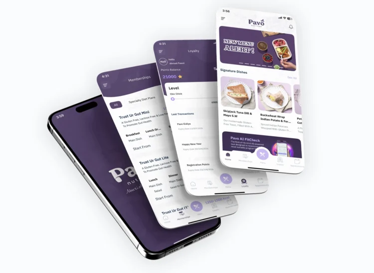 شاشات تطبيق Pavo للتغذية - Pavo Nutrition app screens