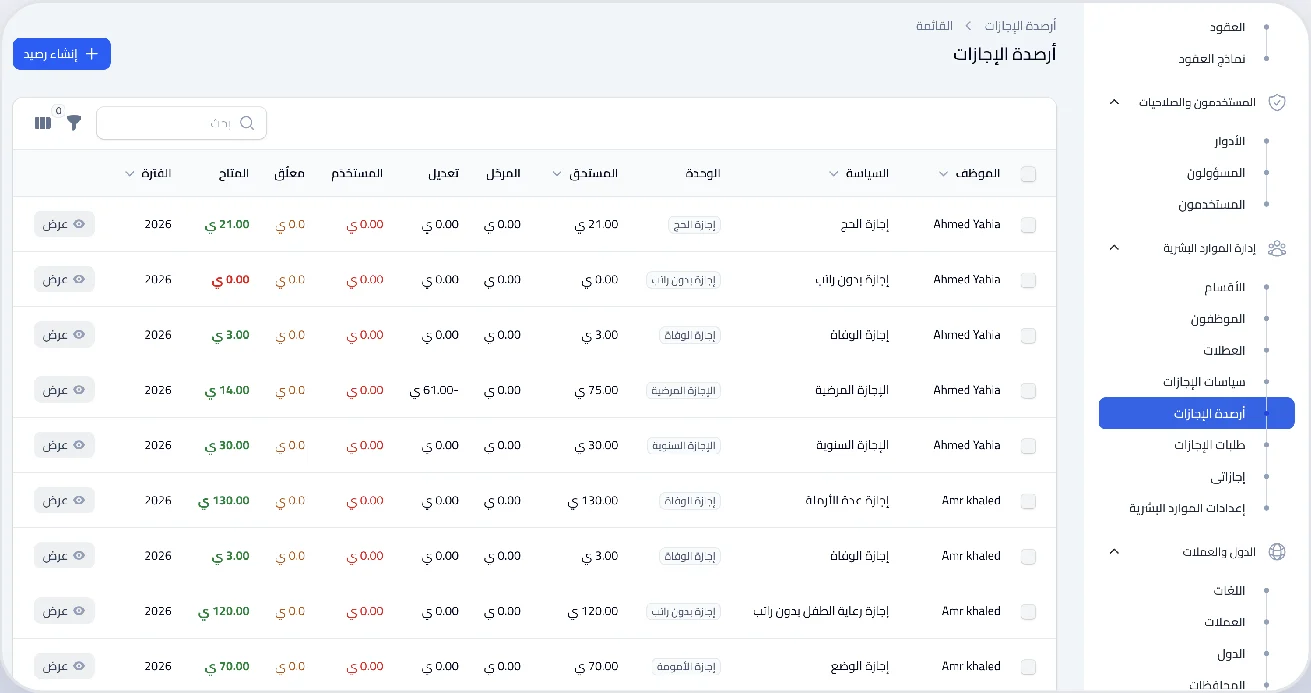 شاشة أرصدة إجازات الموظفين للإدارة